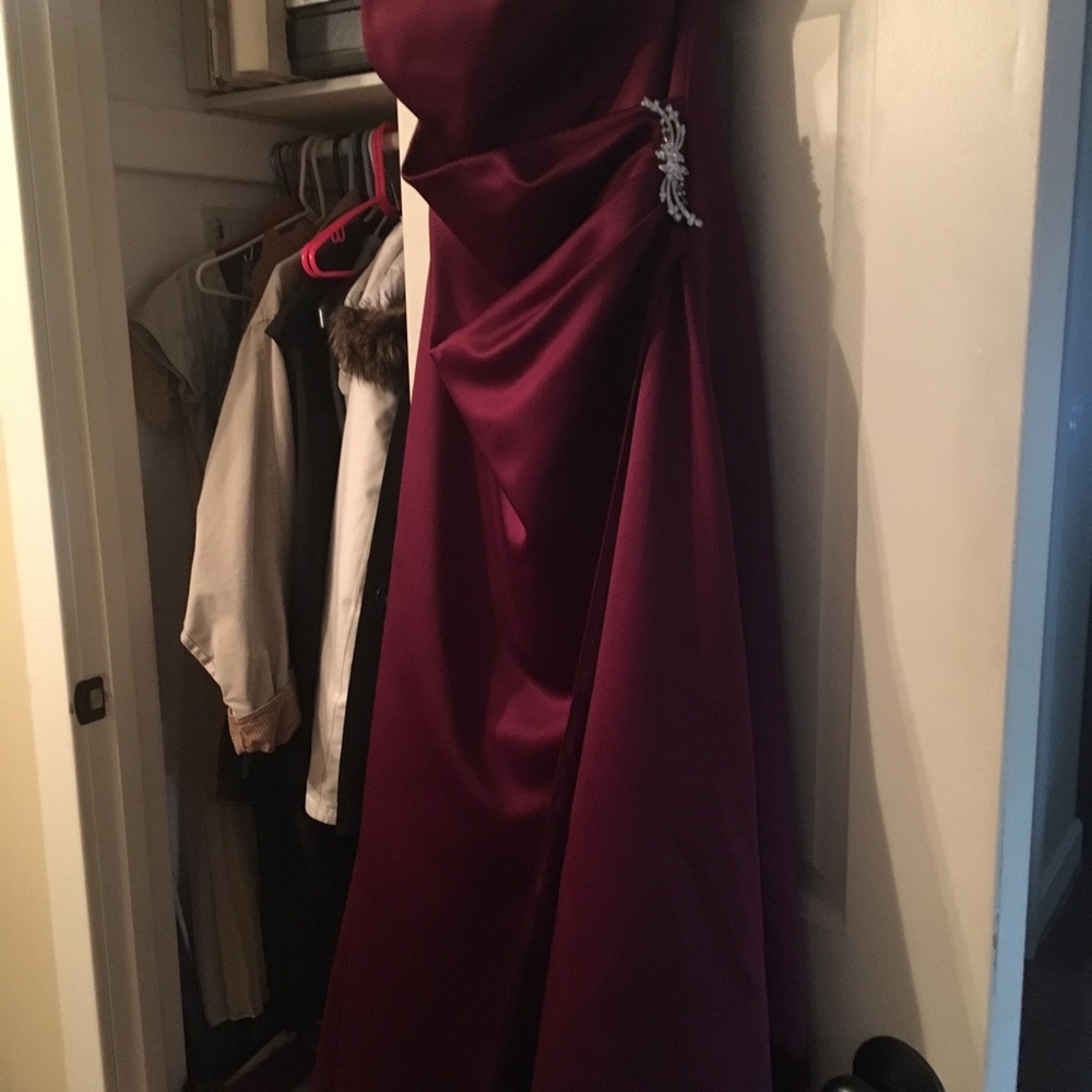 Satin Wine David’s Bridal bridesmaids dress